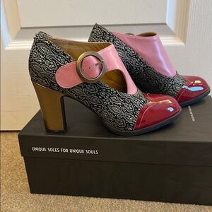 John Fluevog Black and White Patterned Heels with Pink Strap and Red Toe